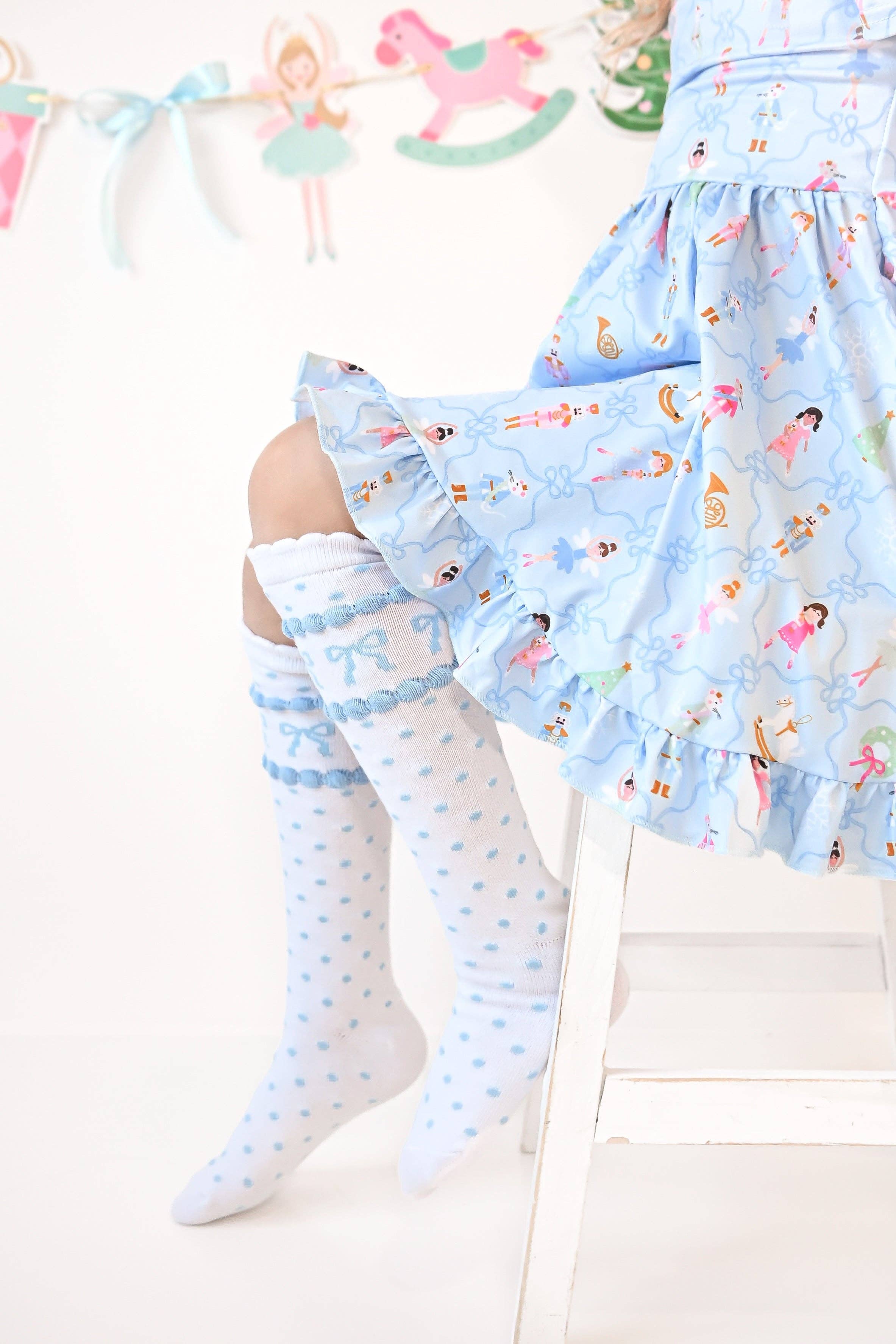 Little Stocking Co. Blue Bow Scalloped Knee High Socks, view 3
