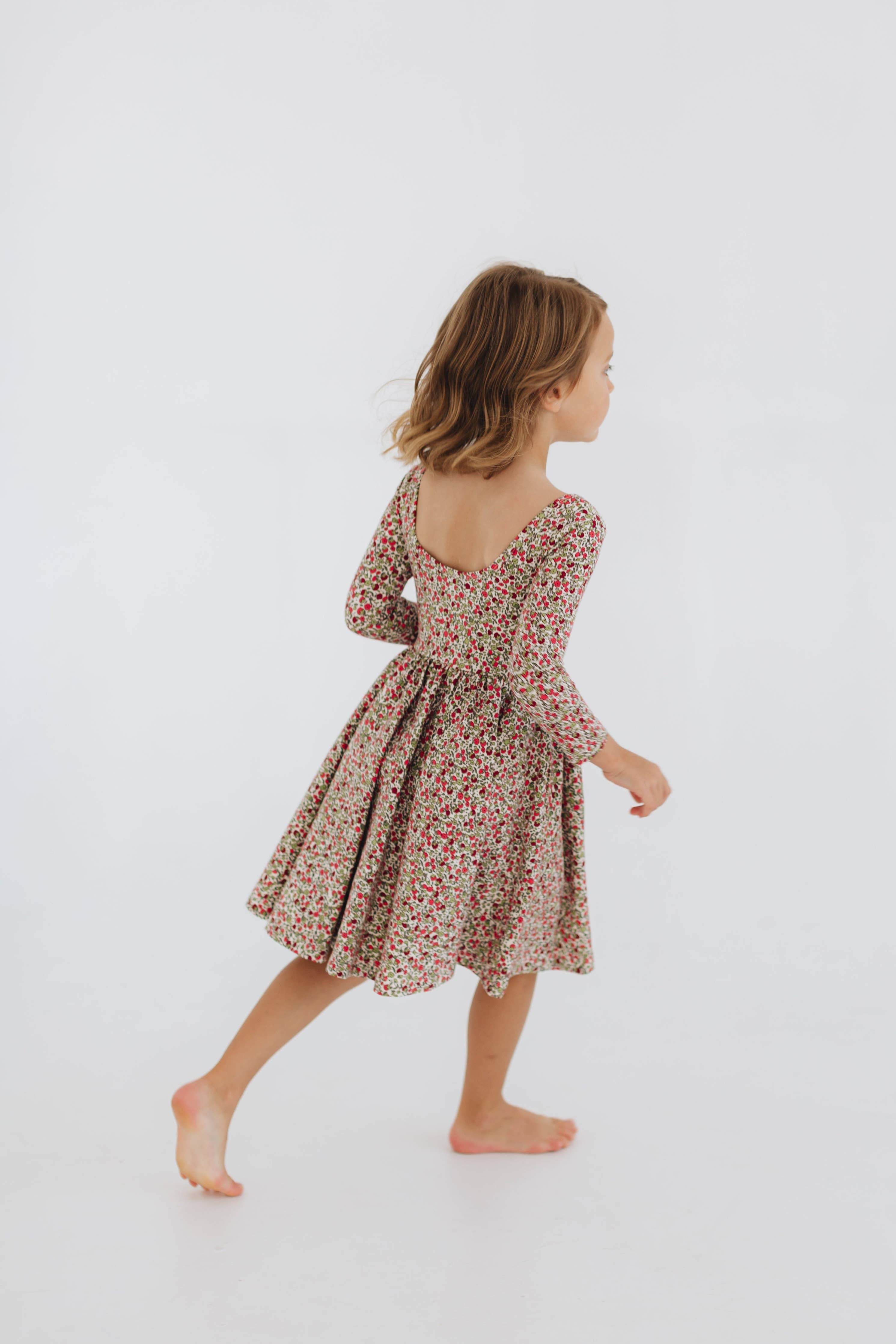 3/4 Sleeve Twirl Dress in Crimson Flora: Crimson Flora