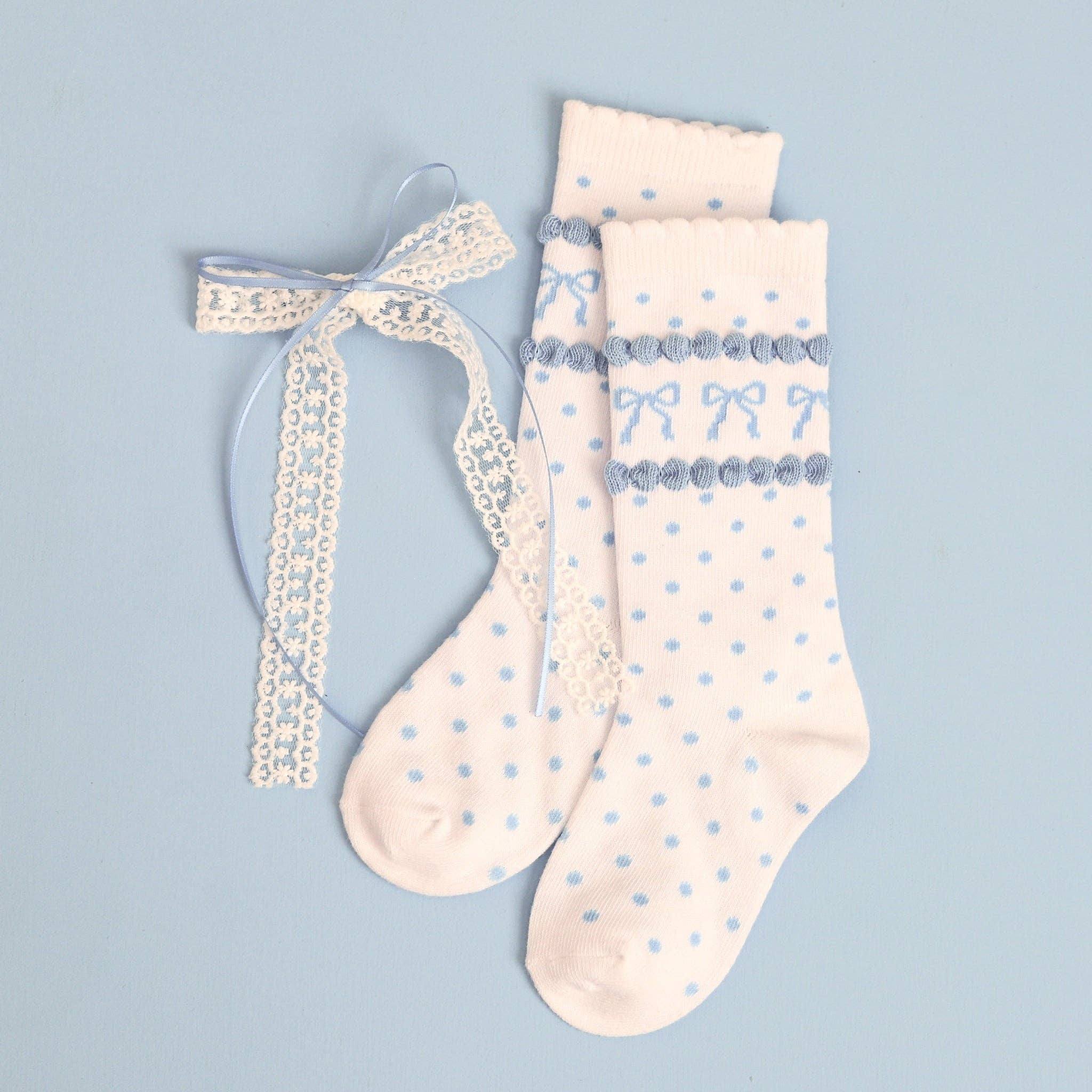 Little Stocking Co. Blue Bow Scalloped Knee High Socks, view 4