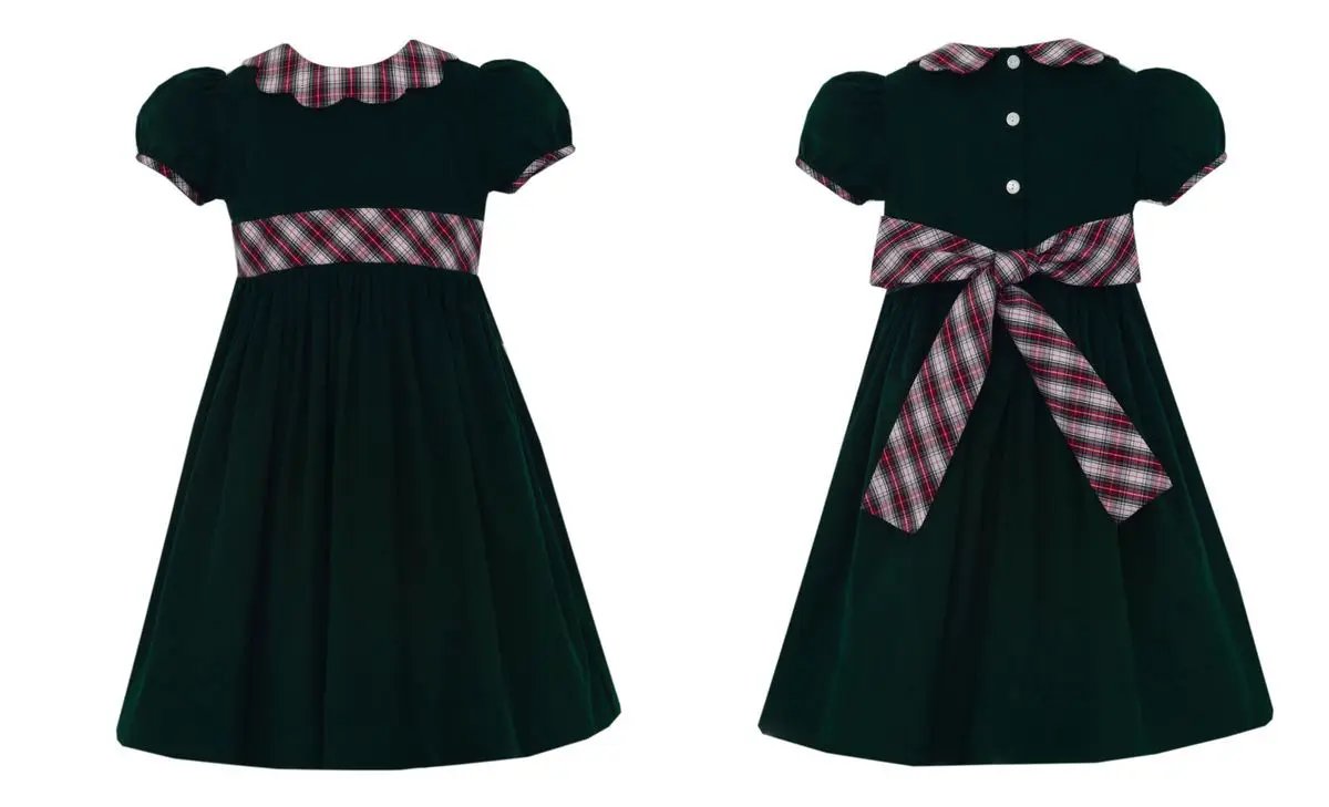 Claire & Charlie green corduroy dress with red and white plaid scalloped collar and sash