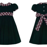 Claire & Charlie green corduroy dress with red and white plaid scalloped collar and sash