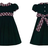 Claire & Charlie green corduroy dress with red and white plaid scalloped collar and sash