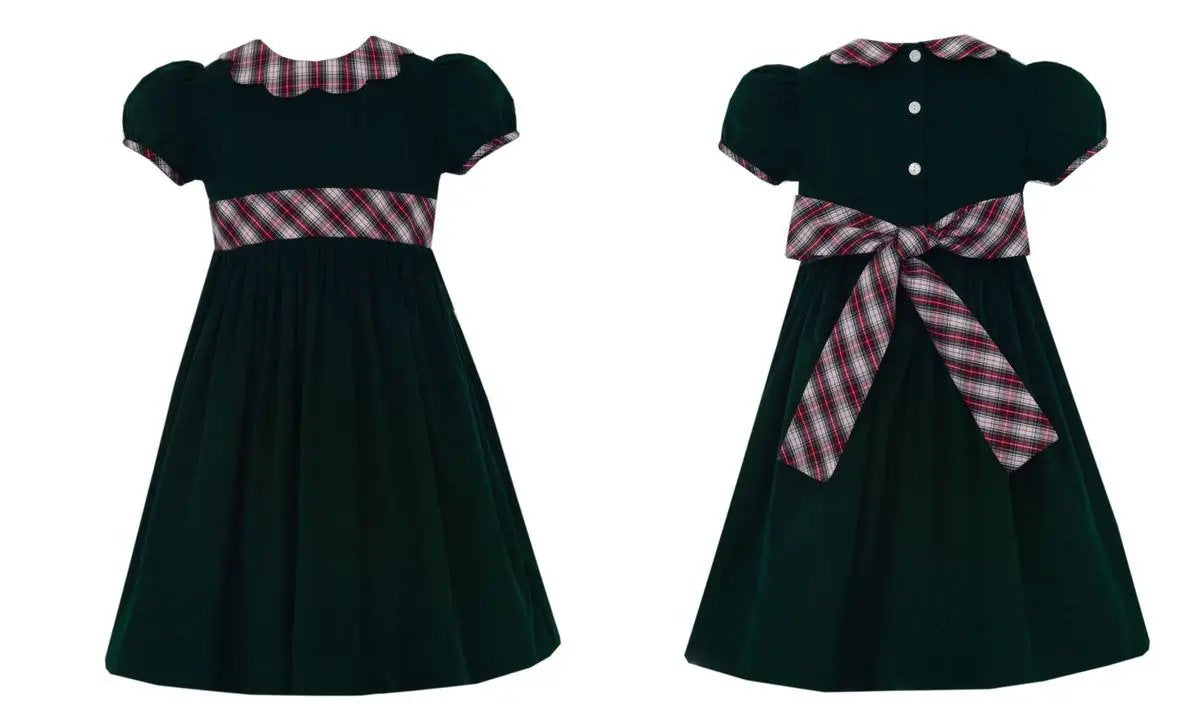 Claire & Charlie green corduroy dress with red and white plaid scalloped collar and sash