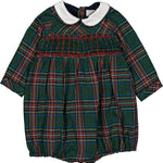 Kidiwi Jeannot smocked romper in emerald tartan