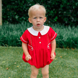 The Proper Peony Holiday Boy Bubble, red and white Christmas bubble with hand embroidery