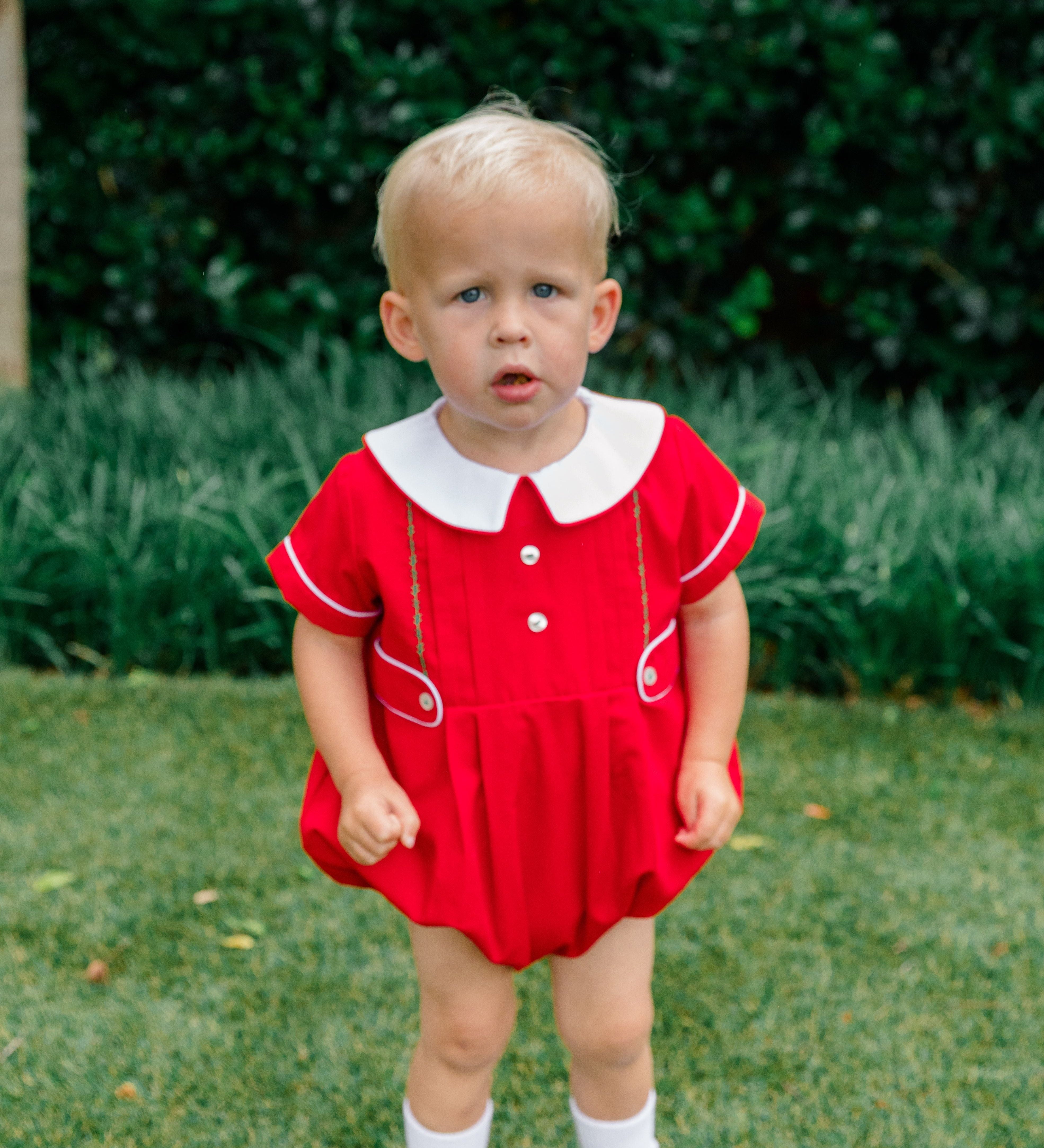 The Proper Peony Holiday Boy Bubble, red and white Christmas bubble with hand embroidery
