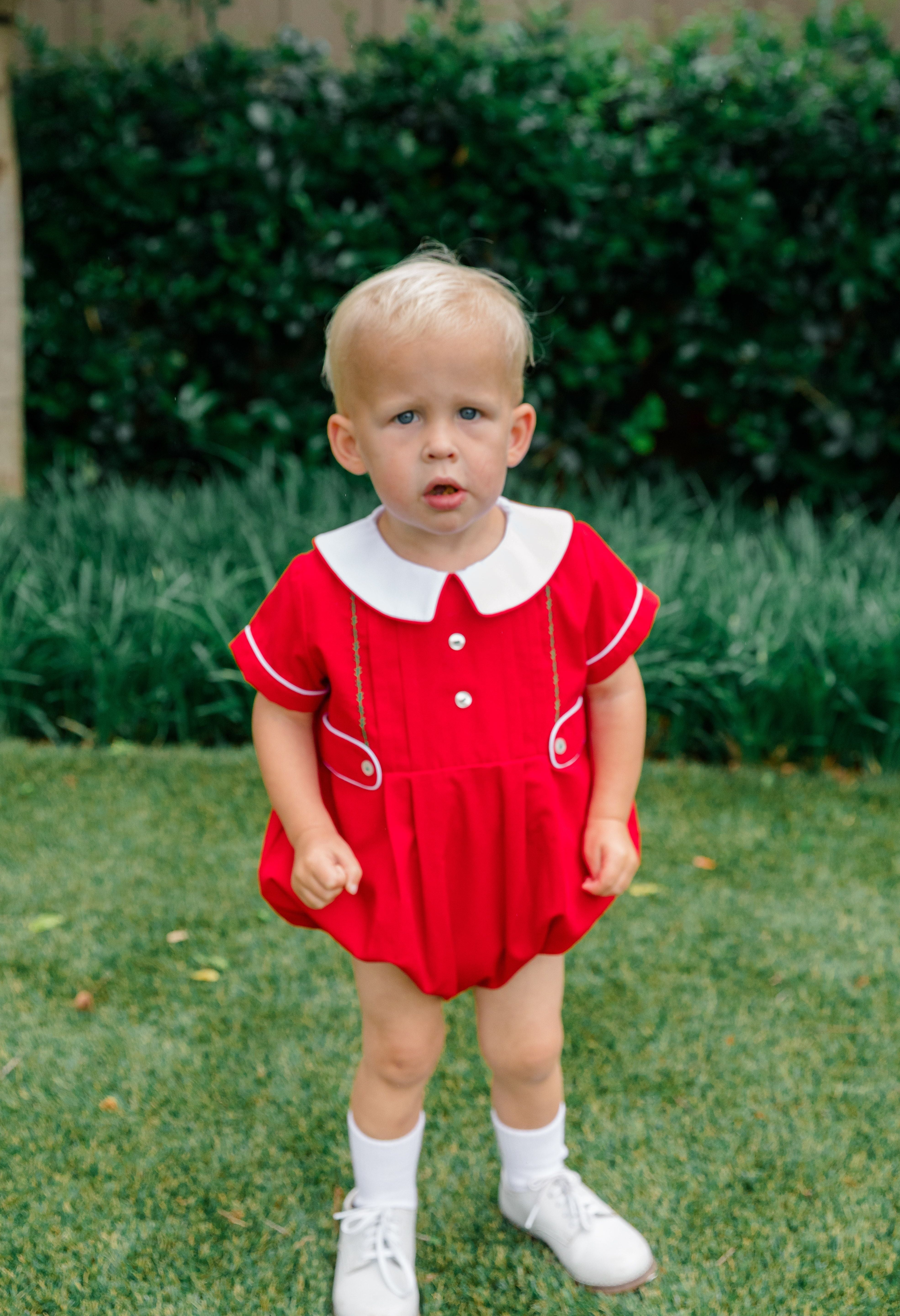 The Proper Peony Holiday Boy Bubble, red and white Christmas bubble with hand embroidery