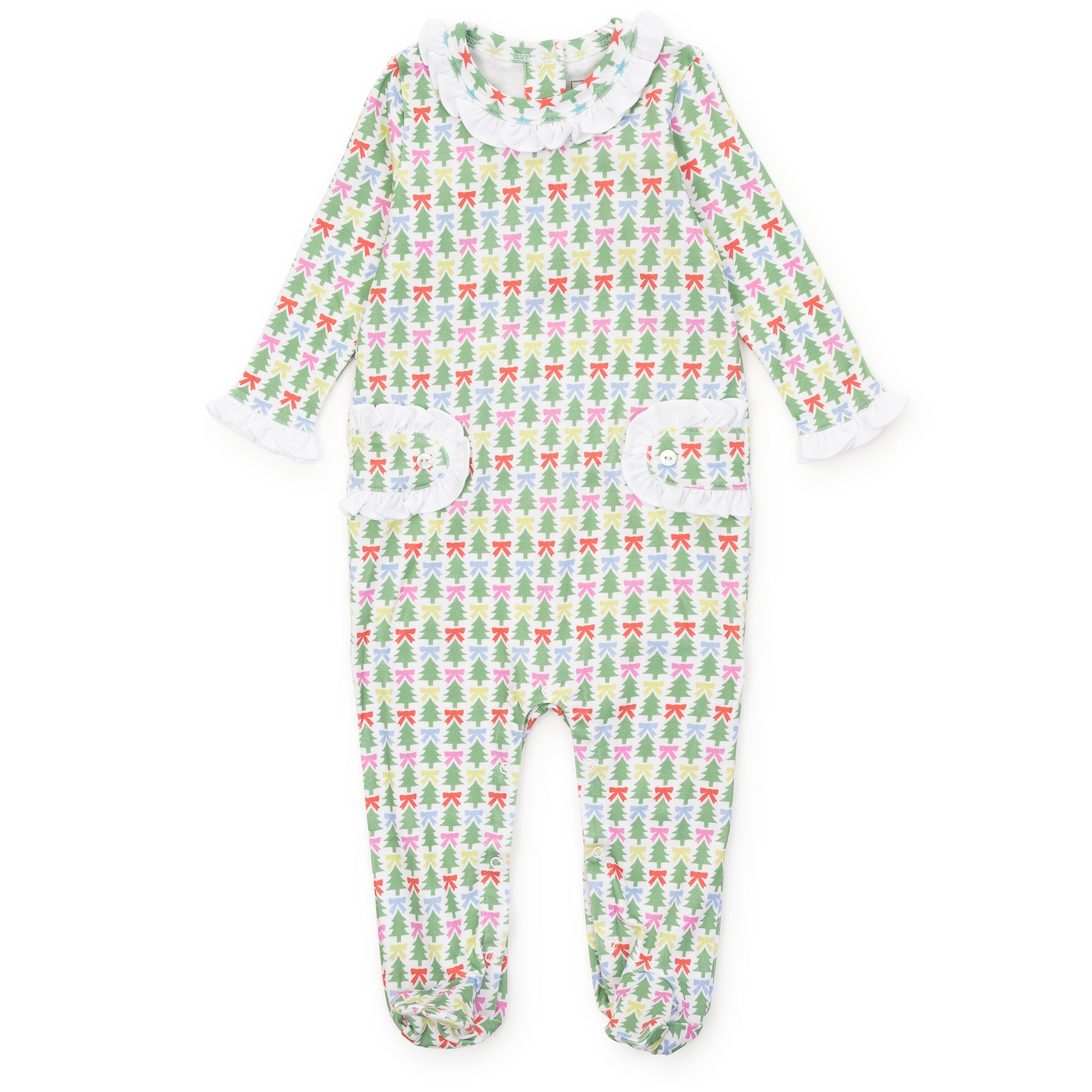 Lila + Hayes Lucy girls' footed romper in Tree Topper Bows