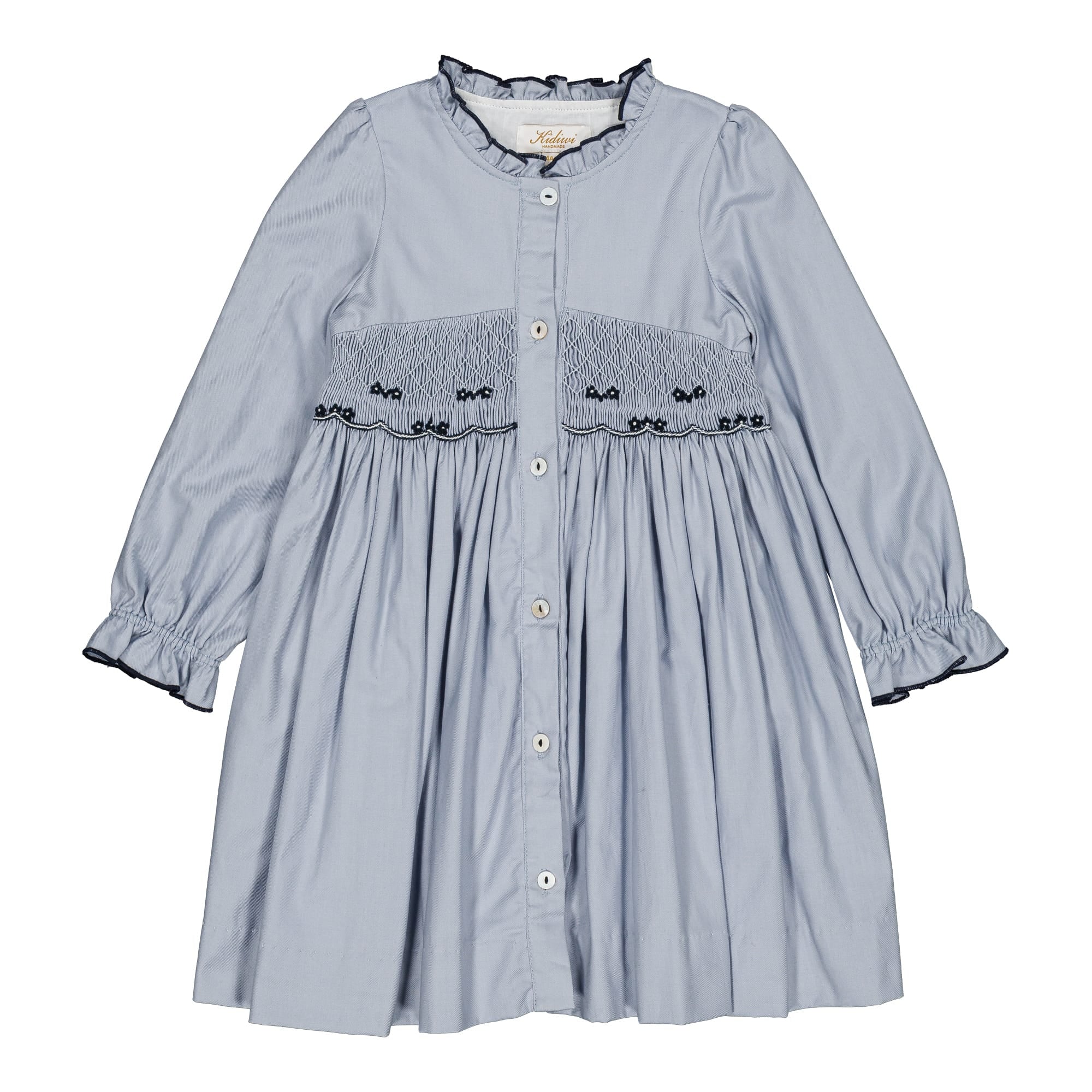Kidiwi Lola smocked dress in arctic blue twill