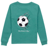 Properly Tied Goal long sleeve tee in teal with soccer ball graphic