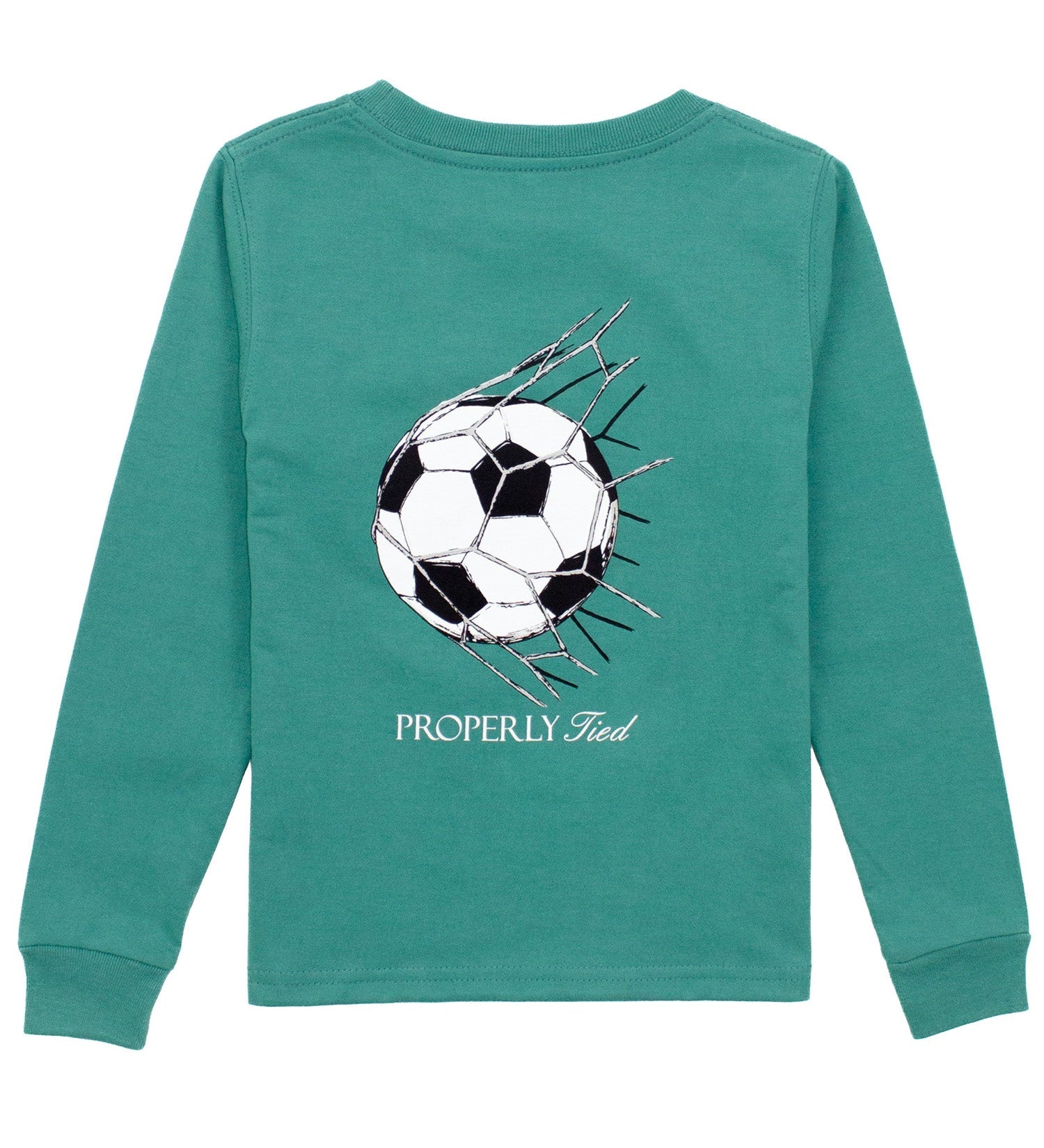 Properly Tied Goal long sleeve tee in teal with soccer ball graphic