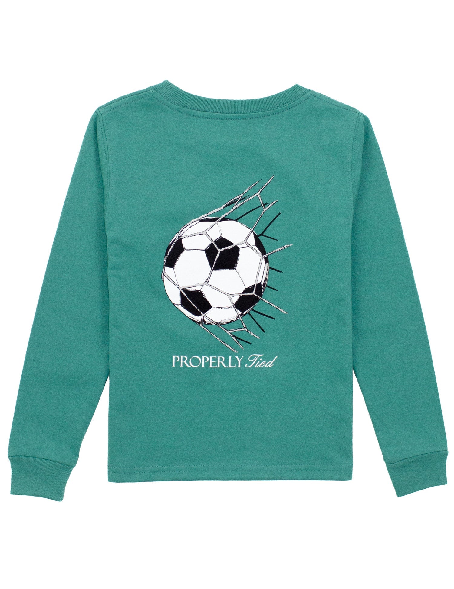 Properly Tied Goal long sleeve tee in teal with soccer ball graphic