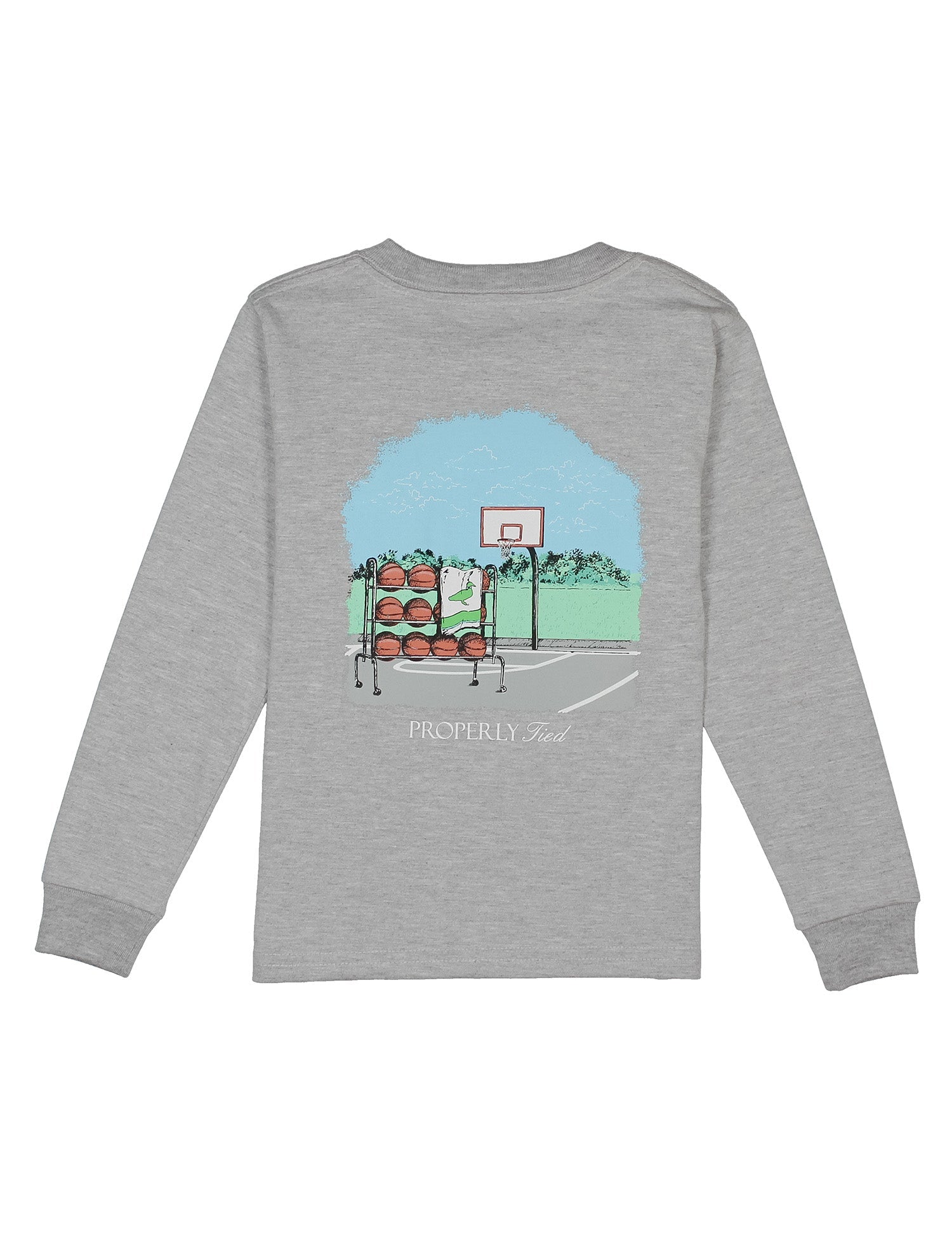 Properly Tied boys basketball long sleeve tee in light heather grey with hoop graphic