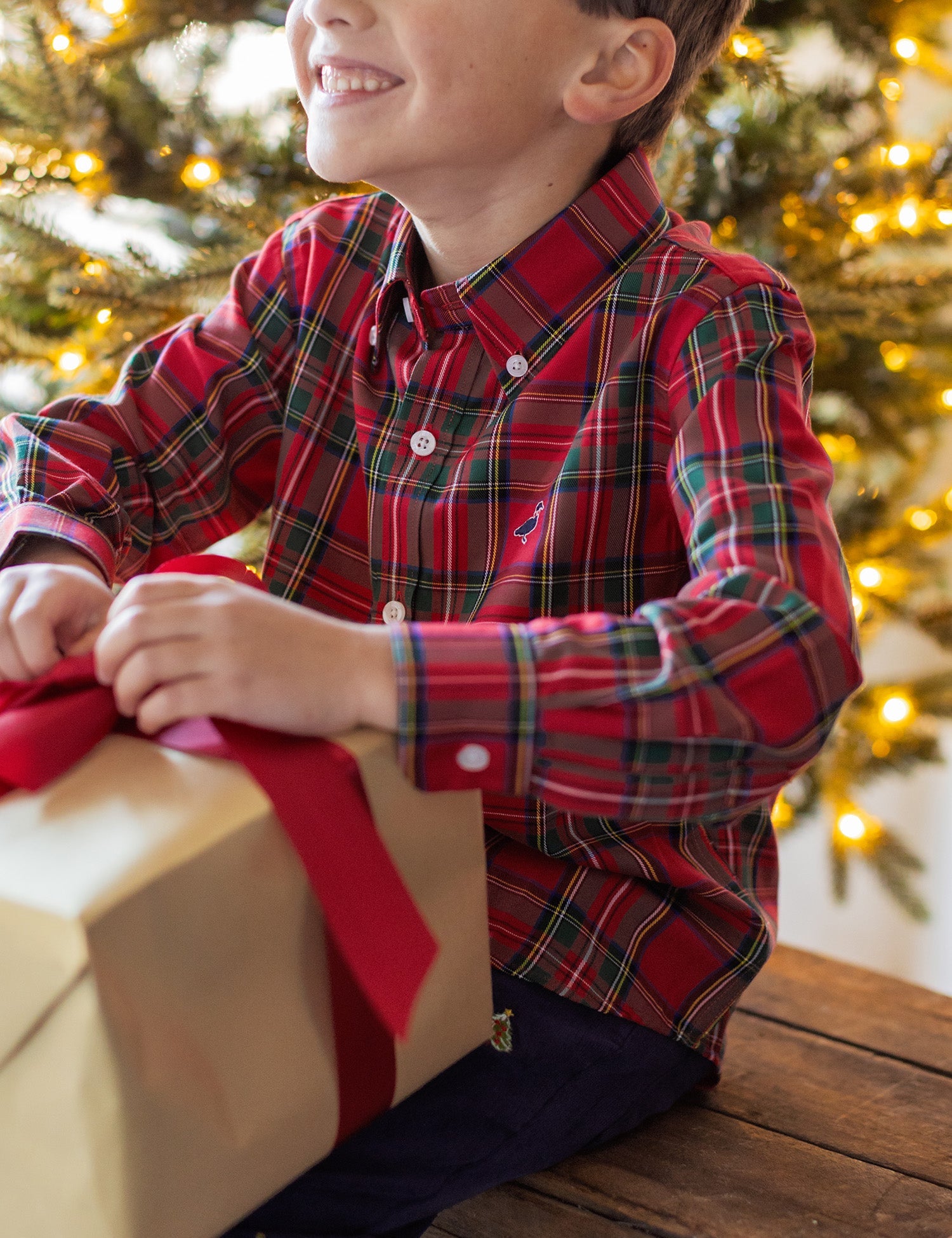 Properly Tied boys Seasonal Sportshirt in Yuletide, red holiday tartan button-down, alternate view