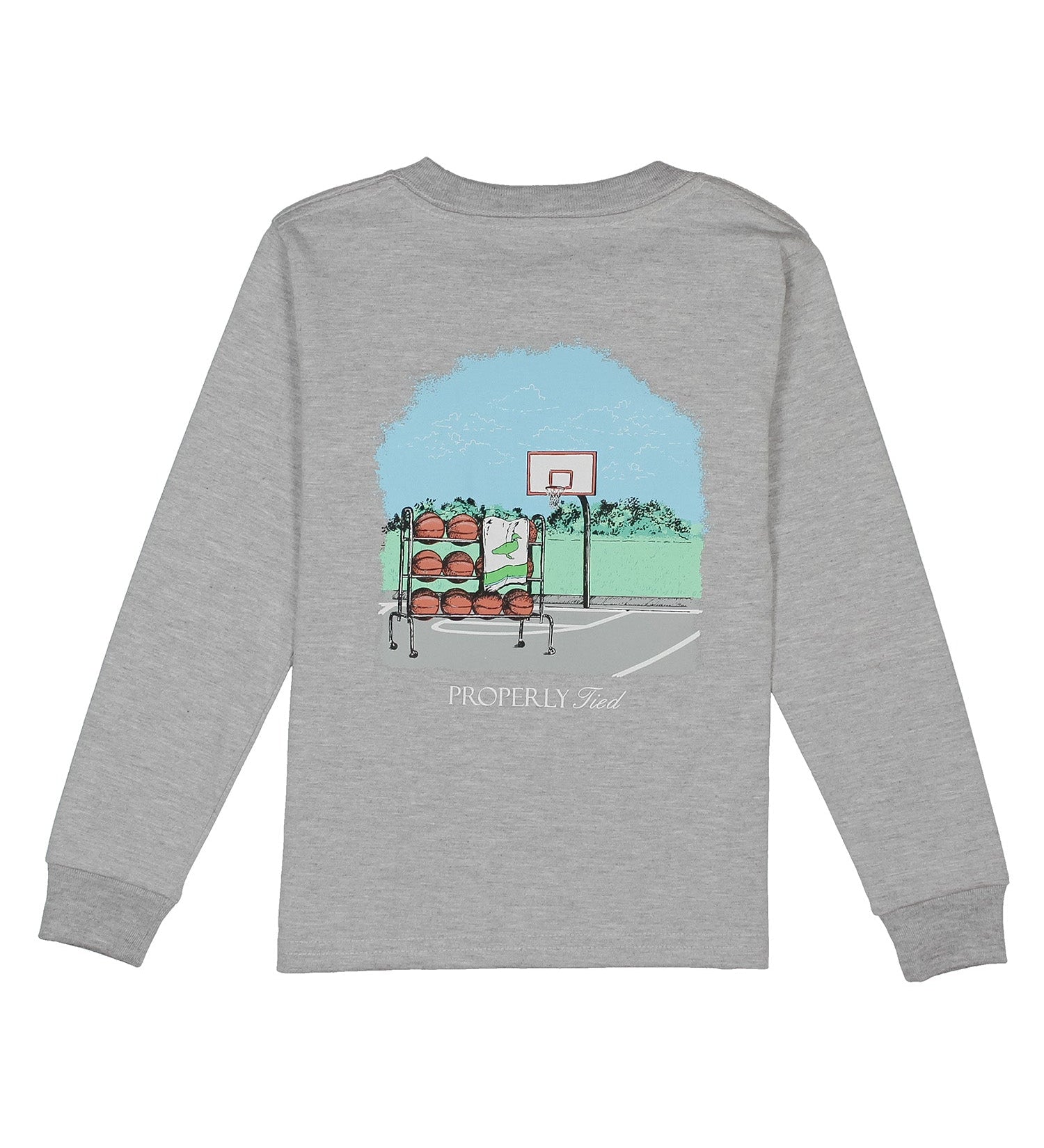 Properly Tied baby basketball long sleeve tee in light heather grey with hoop graphic