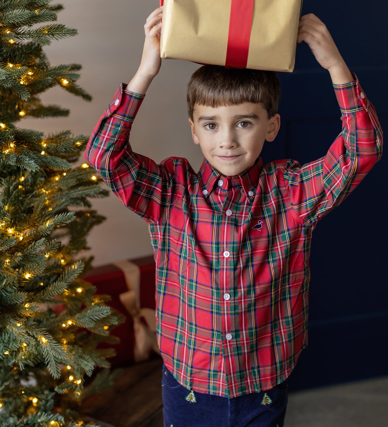 Properly Tied boys navy corduroy Tinsel Pant with embroidered Christmas trees, alternate view