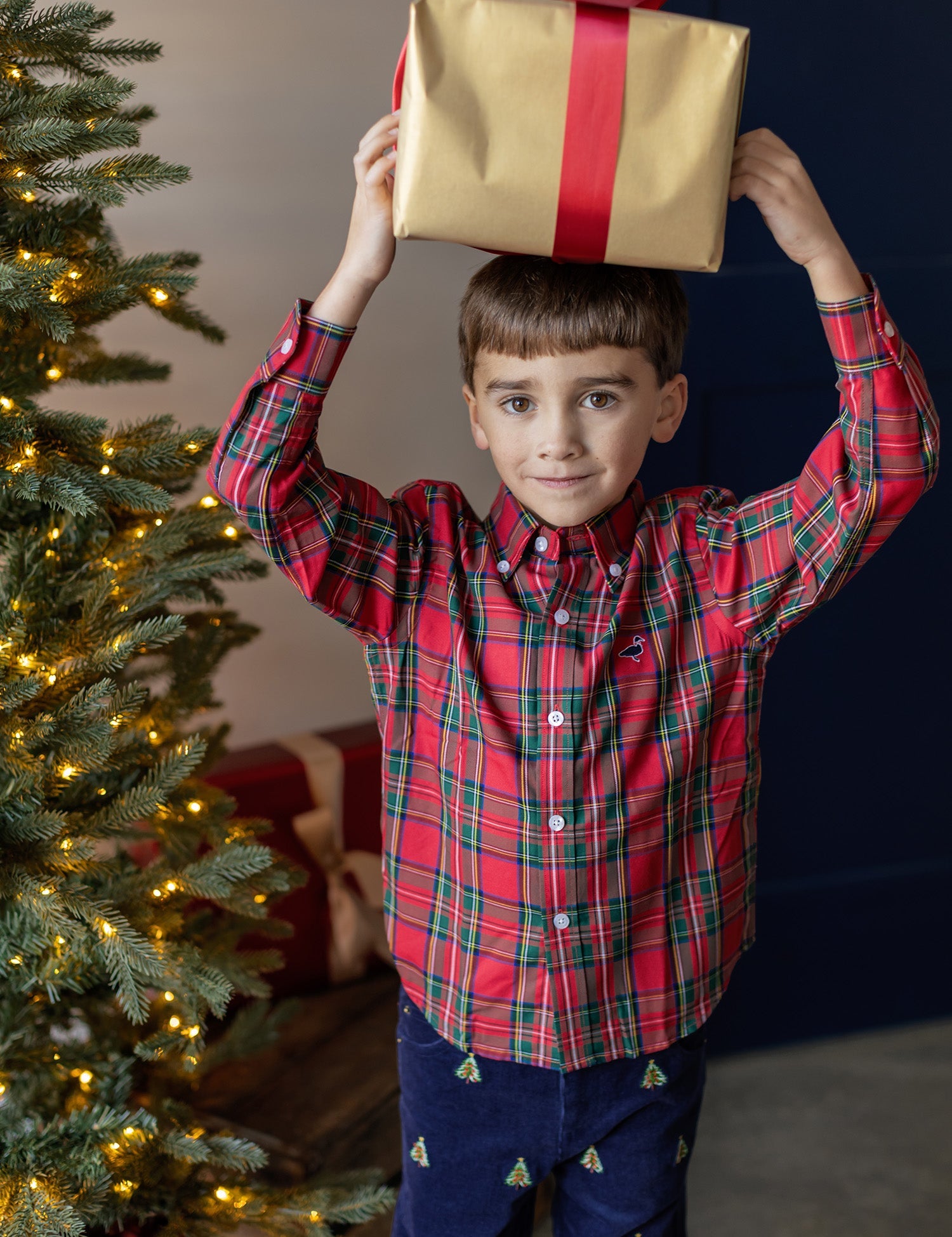 Properly Tied boys navy corduroy Tinsel Pant with embroidered Christmas trees, alternate view