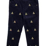 Properly Tied boys navy corduroy Tinsel Pant with embroidered Christmas trees