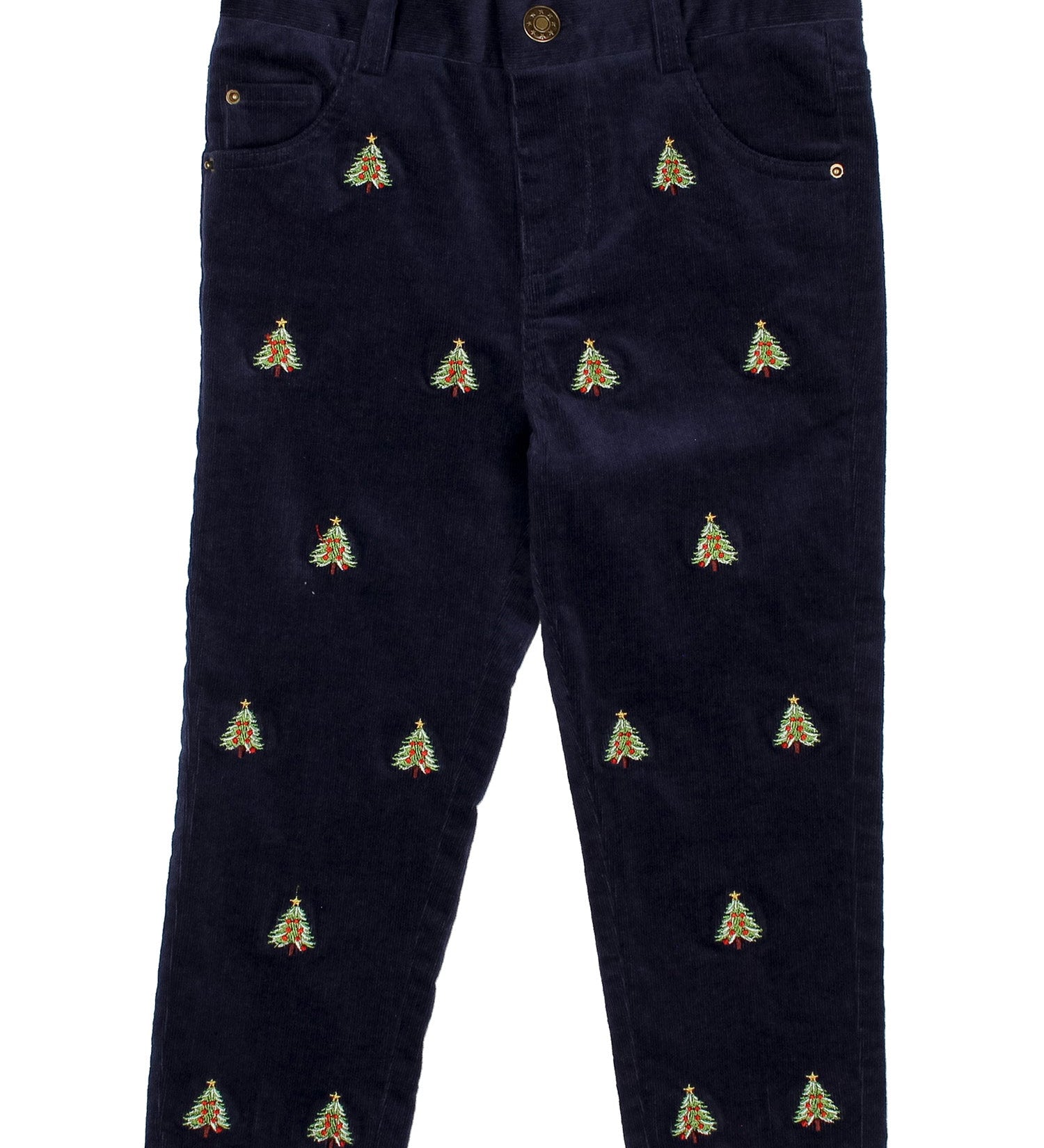Properly Tied boys navy corduroy Tinsel Pant with embroidered Christmas trees