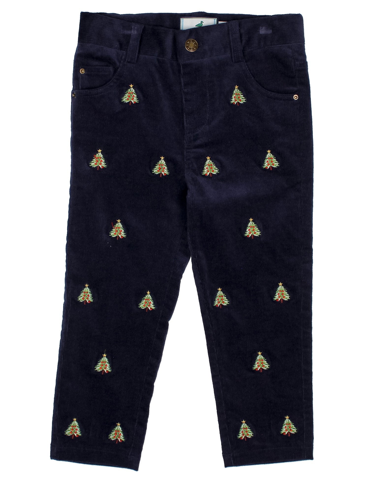 Properly Tied boys navy corduroy Tinsel Pant with embroidered Christmas trees