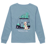 Properly Tied boys Santa's Caddy long sleeve tee in steel blue with golf cart and Christmas tree graphic
