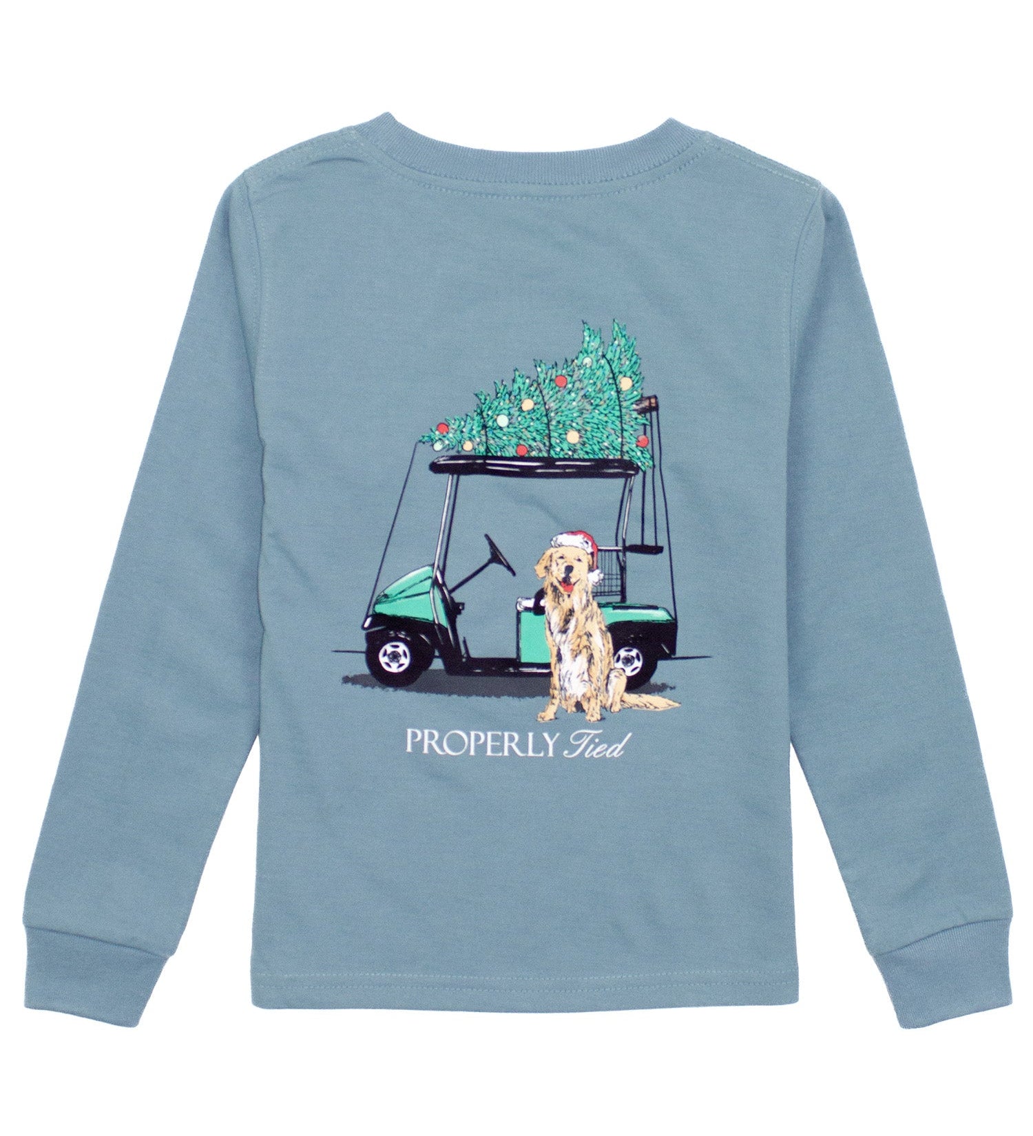 Properly Tied boys Santa's Caddy long sleeve tee in steel blue with golf cart and Christmas tree graphic