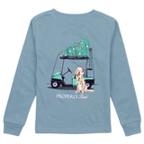 Properly Tied baby Santa's Caddy long sleeve tee in steel blue with golf cart and Christmas tree graphic