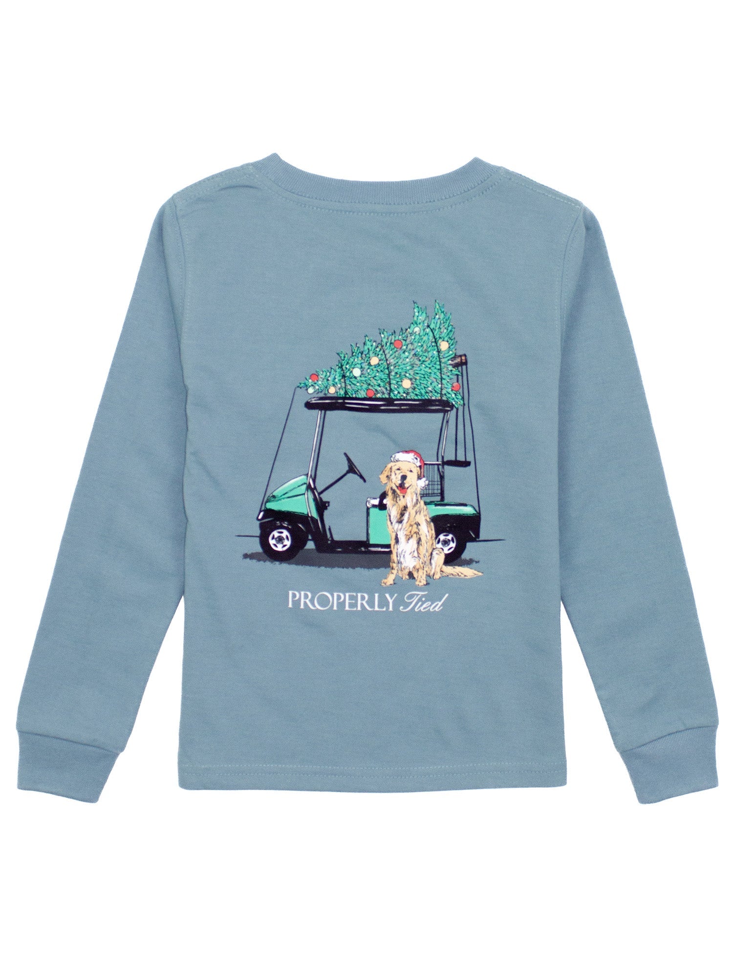 Properly Tied baby Santa's Caddy long sleeve tee in steel blue with golf cart and Christmas tree graphic