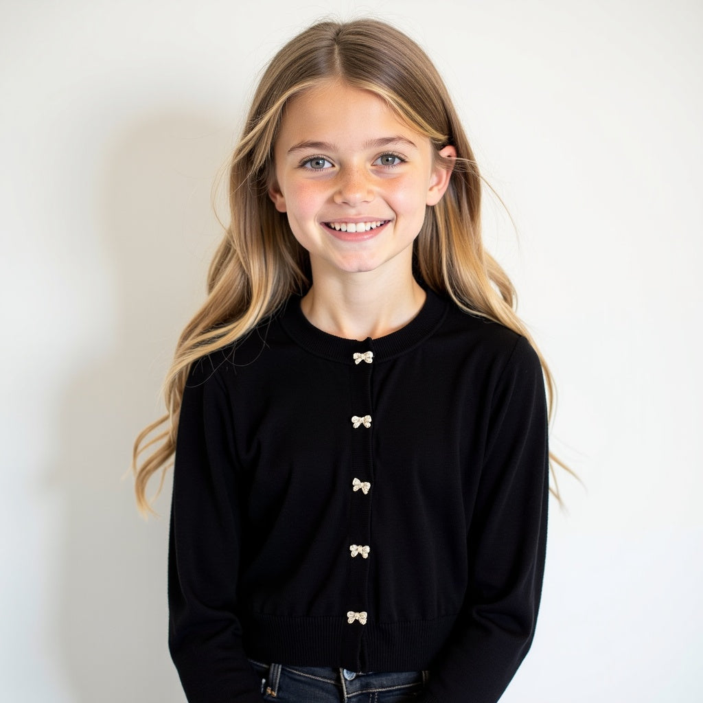Gold Rush NYC Sylvie bow button cardigan in Black