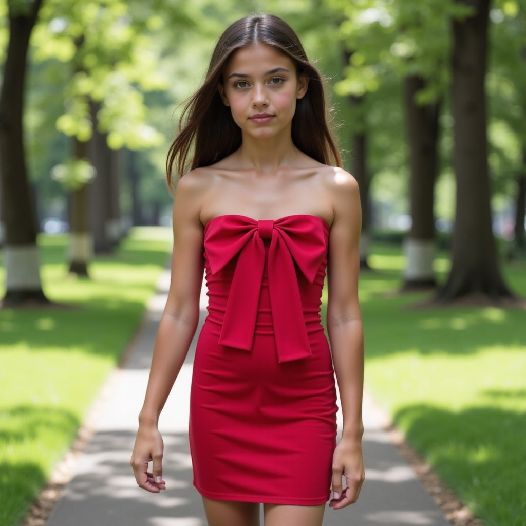 Gold Rush NYC Teddie red strapless mini dress with oversized bow