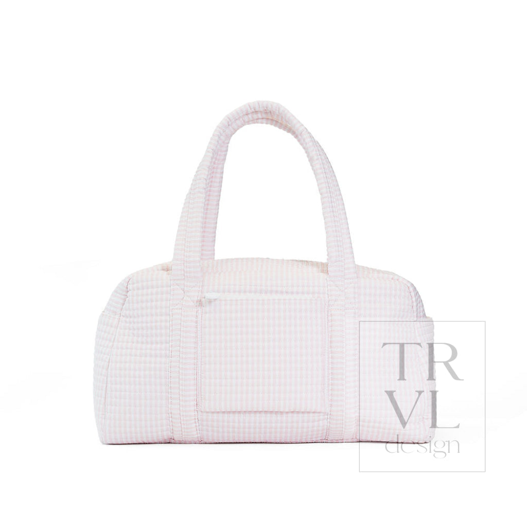 TRVL Quilted Grande Duffel in Pimlico Stripe Pink, a large pink stripe quilted weekender duffel
