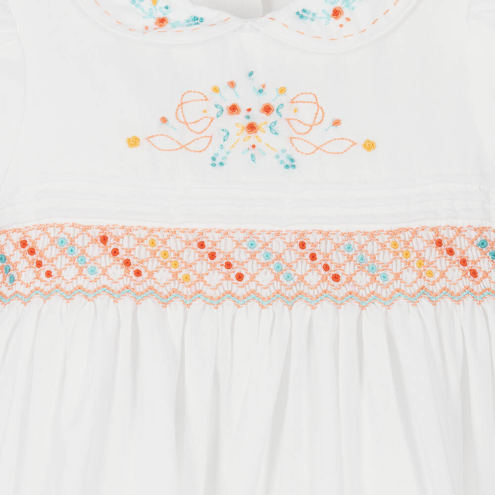 Sarah Louise White Cotton Hand-Smocked Dress