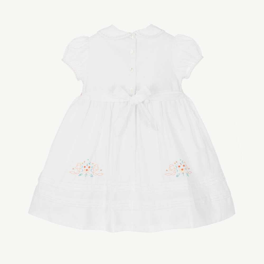 Sarah Louise White Cotton Hand-Smocked Dress