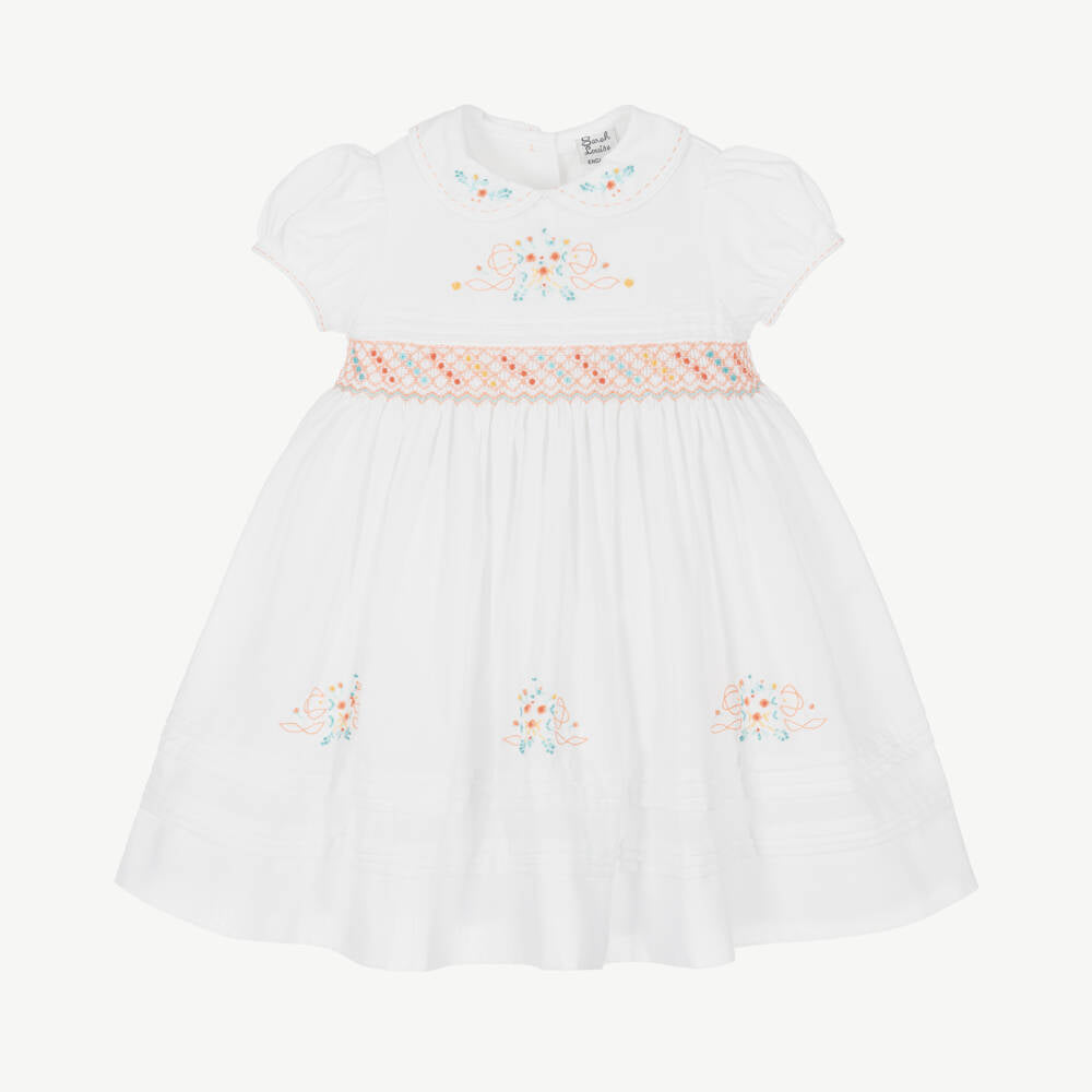Sarah Louise White Cotton Hand-Smocked Dress