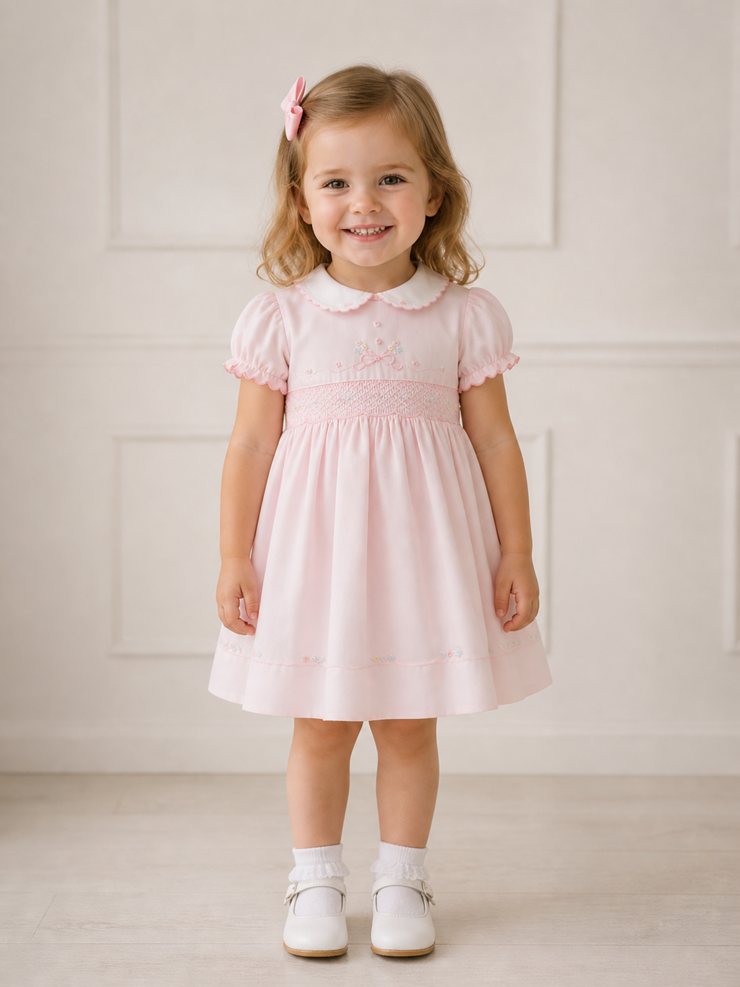 Sarah Louise Pink Smocked Dress with Floral and Bow Details