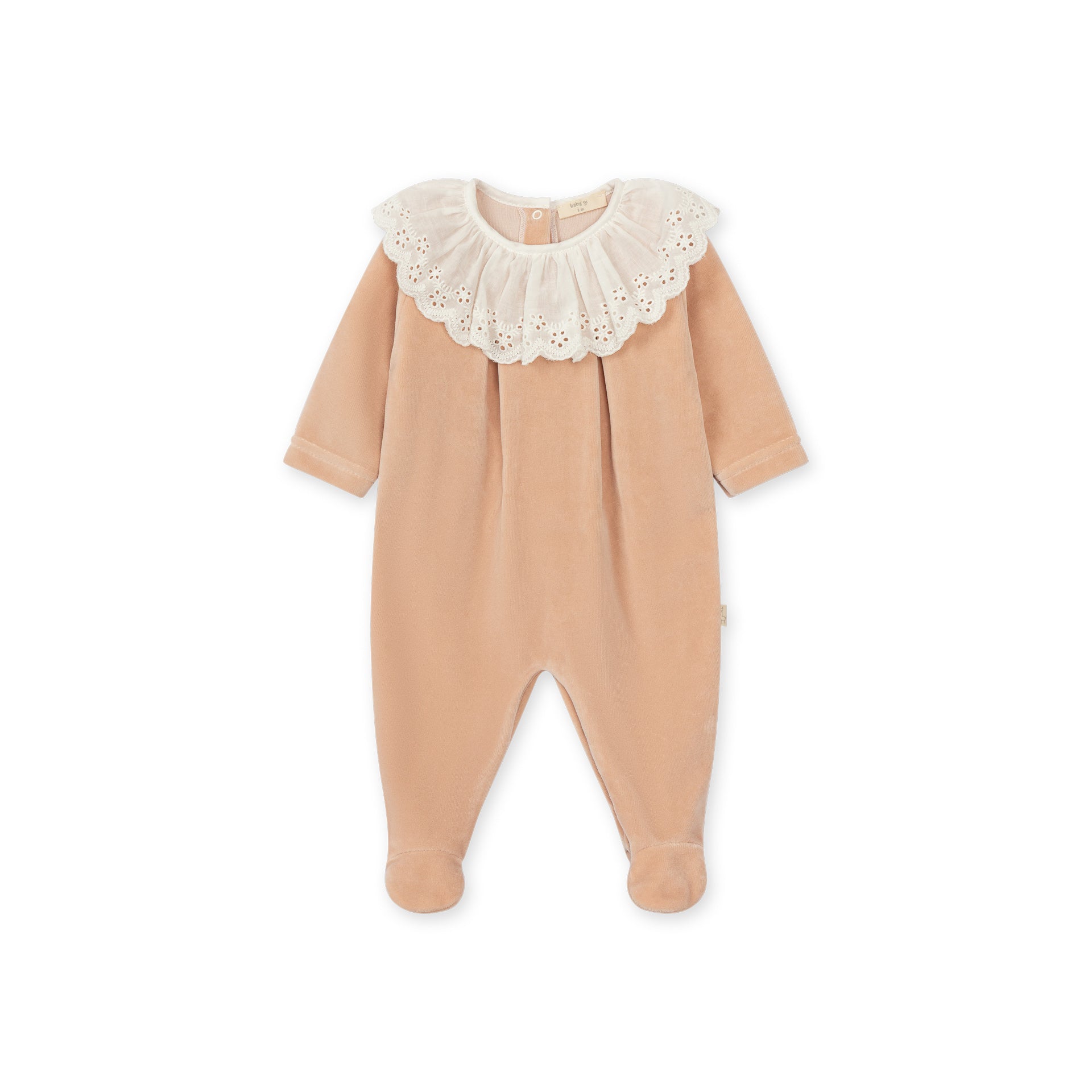 Velour Footie with Broderie Anglaise - Pastel Pink