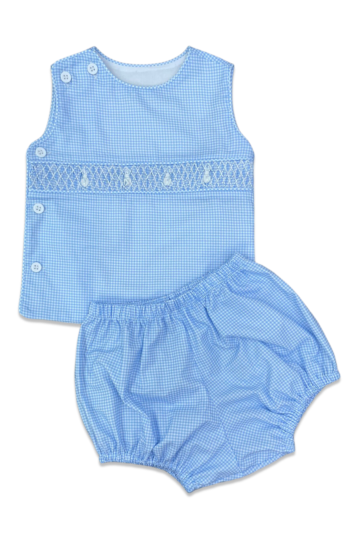 Sleeveless Smocked Beau Set - Blue Gingham & Bunnies