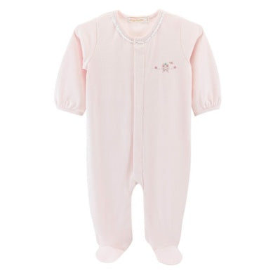 Baby Club Chic Sweet Bows embroidered pima footie in pink with pockets and crochet trim